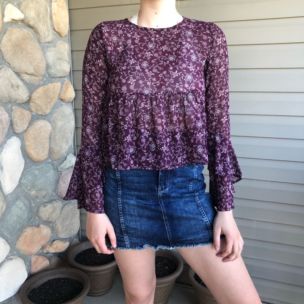 🌿Sheer Burgundy Peasant Blouse